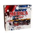 Merica 192 Shots fireworks display box featuring a patriotic red, white, and blue design with images of four different firework types: Freedom, Patriot, Liberty, and Merica.