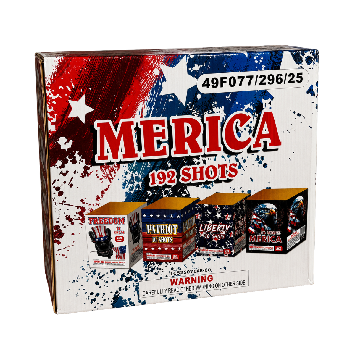 Merica 192 Shots fireworks display box featuring a patriotic red, white, and blue design with images of four different firework types: Freedom, Patriot, Liberty, and Merica.