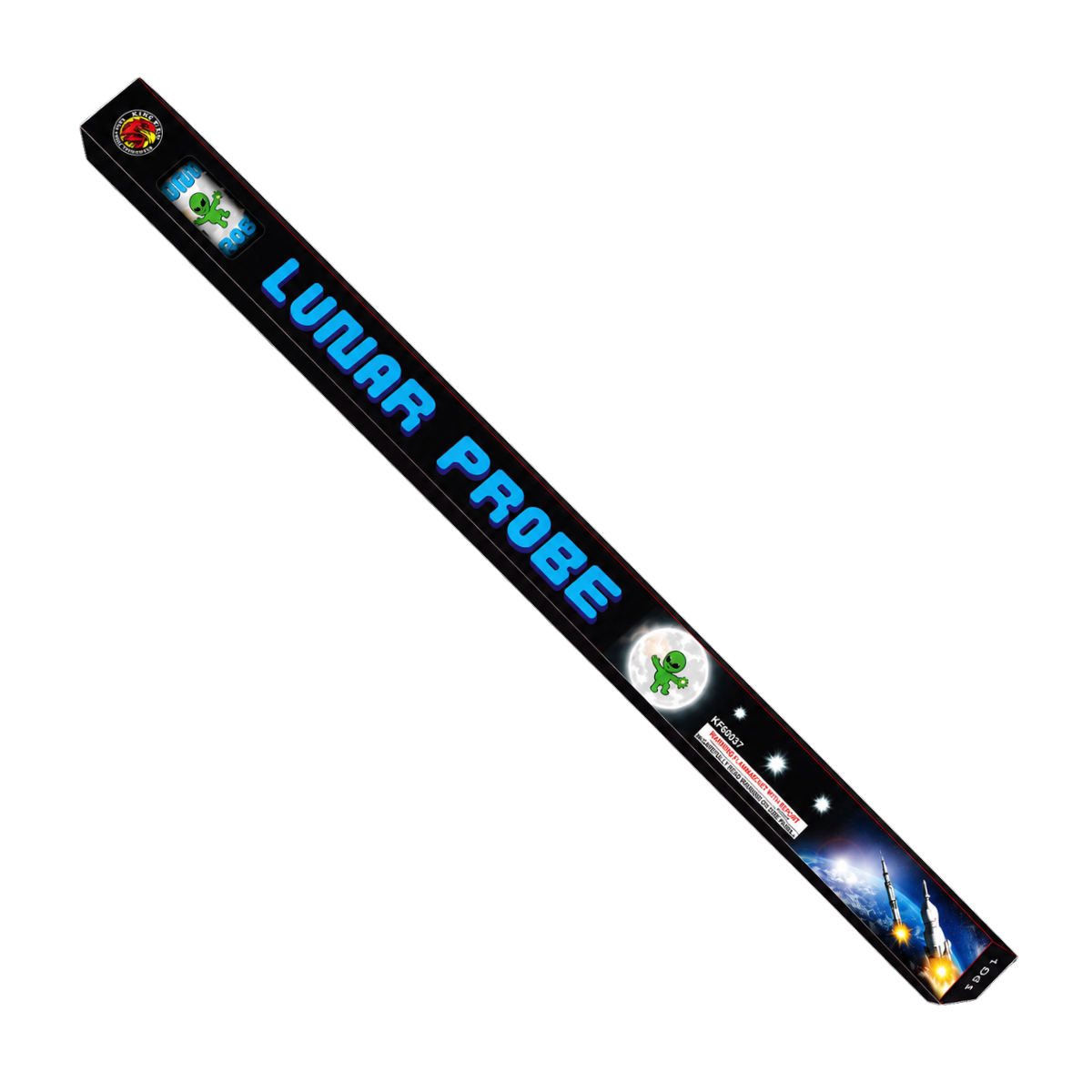 A long black cylindrical package or tube labeled 'LUNAR PROBE' in bright blue text, shown diagonally on a plain white background. The package includes small colorful graphics, including a green alien-like figure and space-themed artwork.