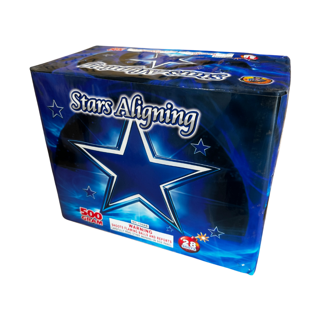 Stars Aligning 28-shot 500 gram cake firework by Chingona Fireworks in blue star-themed packaging