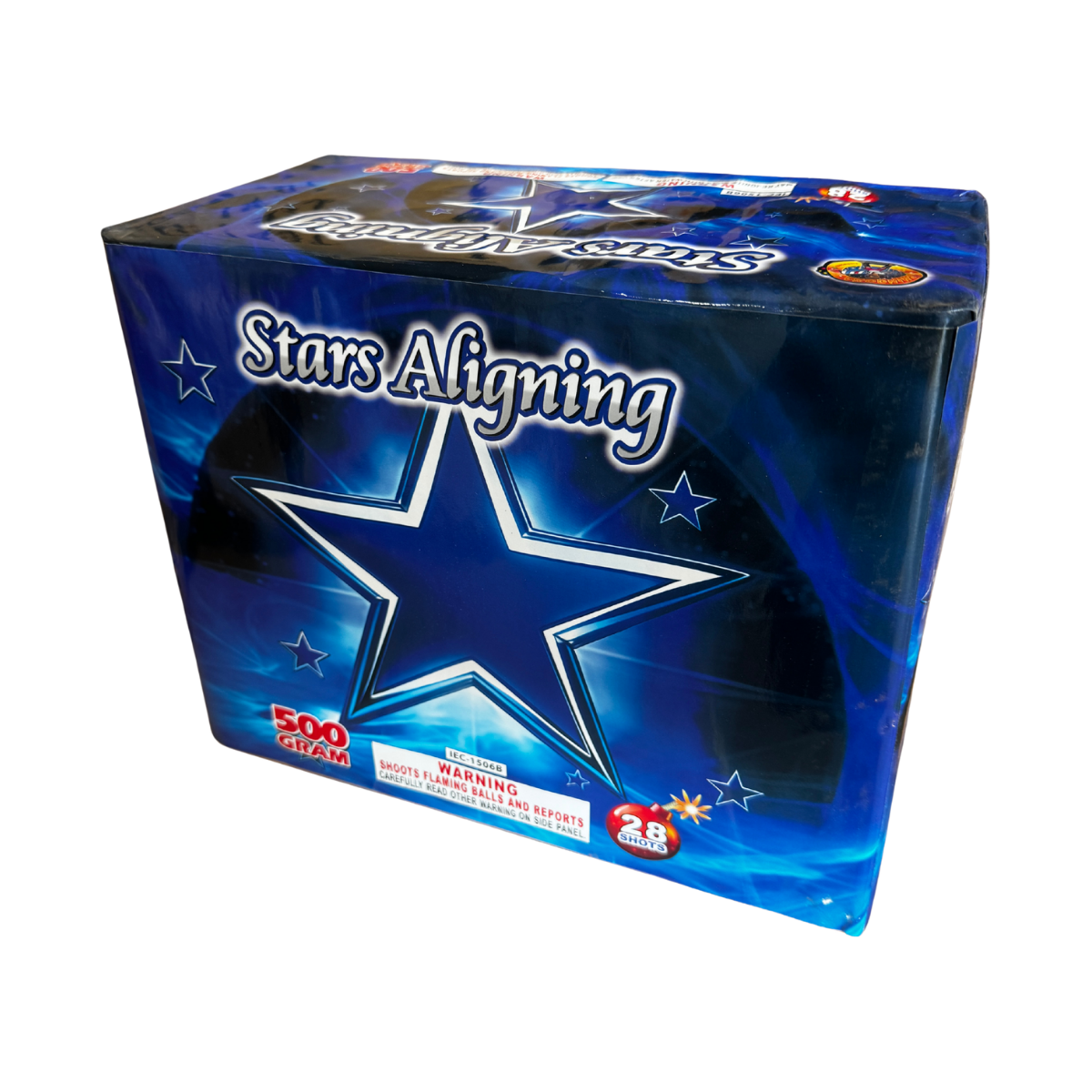 Stars Aligning 28-shot 500 gram cake firework by Chingona Fireworks in blue star-themed packaging