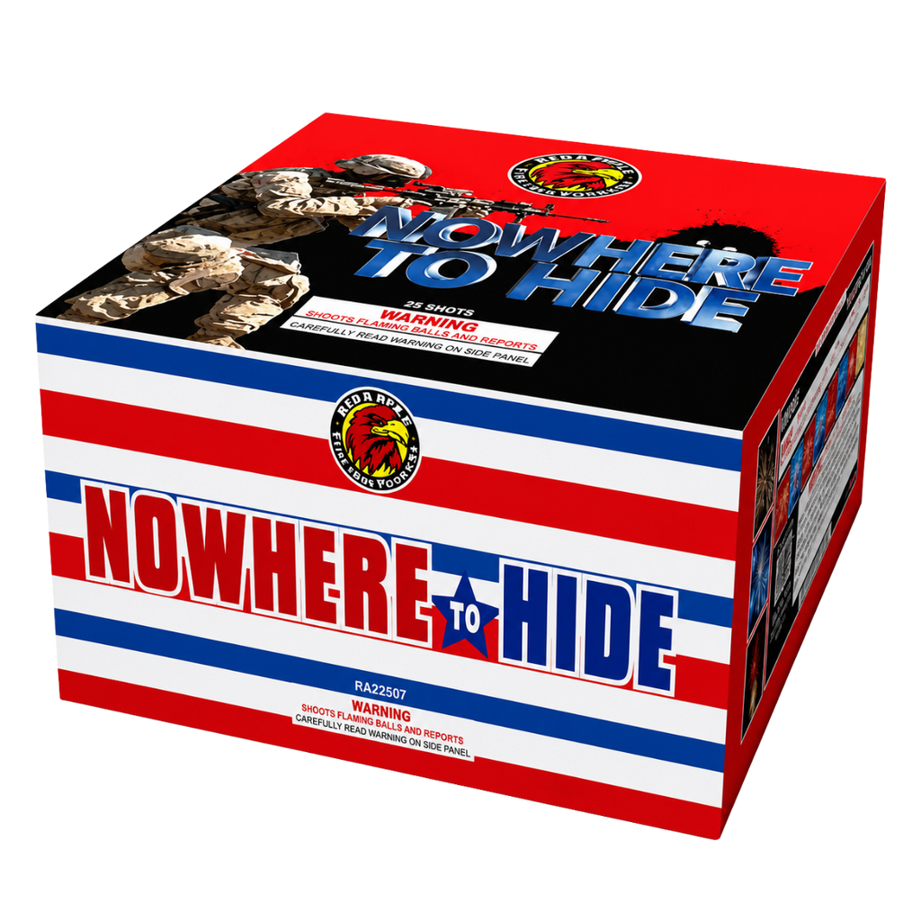 A red, white, and blue firework named 'Nowhere to Hide' 100 shot , featuring patriotic stripes and bold text, shown on a plain white background.