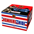 A red, white, and blue firework named 'Nowhere to Hide' 100 shot , featuring patriotic stripes and bold text, shown on a plain white background.