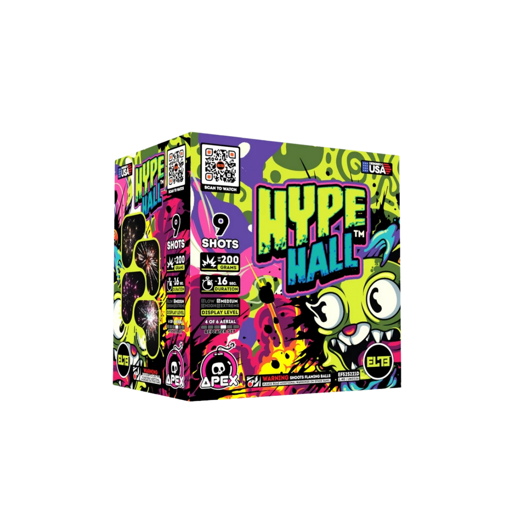 A box of Apex Brands Hype Wall fireworks, featuring a vibrant, graffiti-style design with neon green, pink, purple, and yellow colors, set against a plain white background.