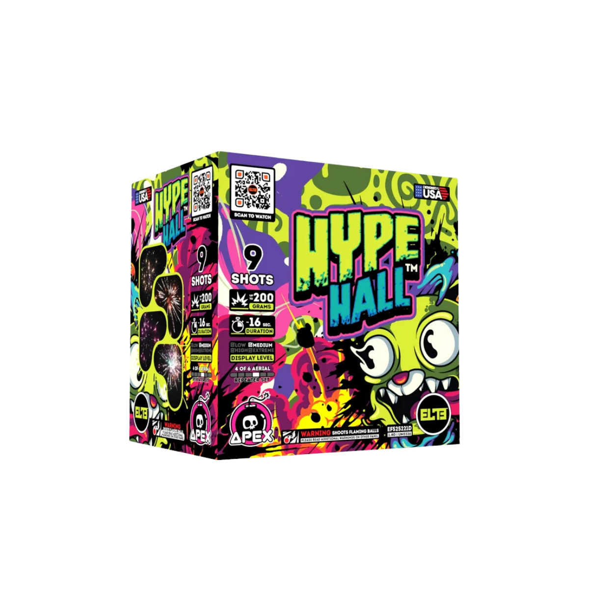 A box of Apex Brands Hype Wall fireworks, featuring a vibrant, graffiti-style design with neon green, pink, purple, and yellow colors, set against a plain white background.