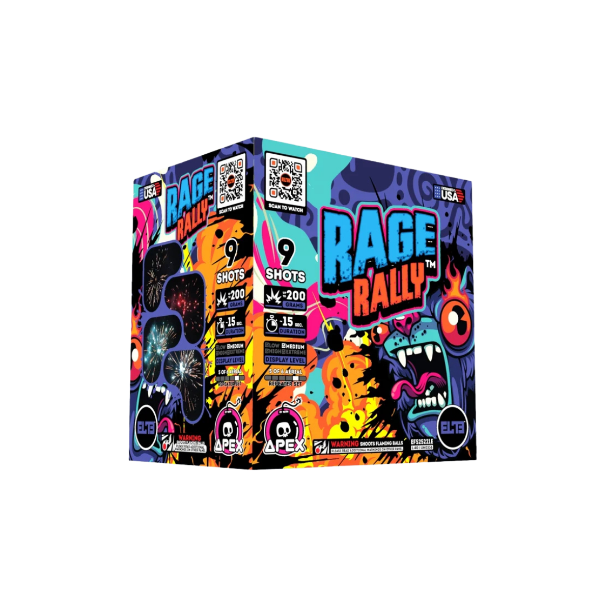A box of Apex Fireworks Rage Rally monster fireworks, featuring a vibrant, colorful cartoon graphic of a monster with sharp teeth and neon paint splatters on the front and sides.