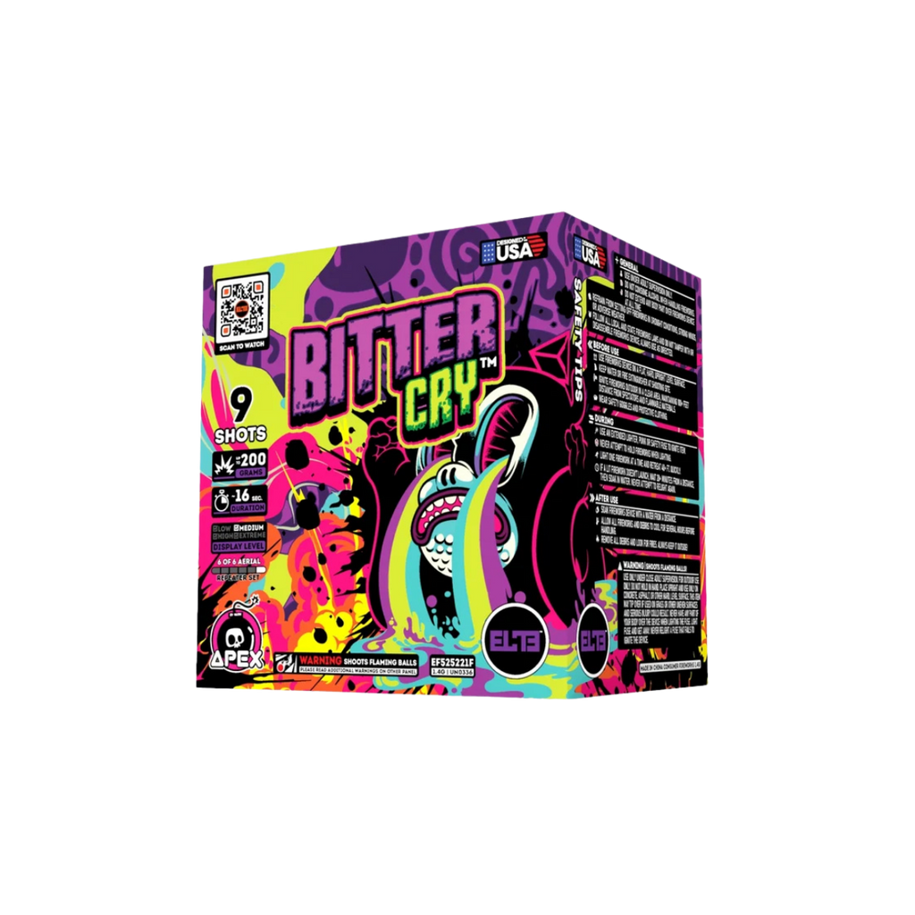 A box of ELTE Bitter Cry fireworks, featuring a vibrant, neon-colored design with a cartoon shark and bold text, shown on a plain white background.