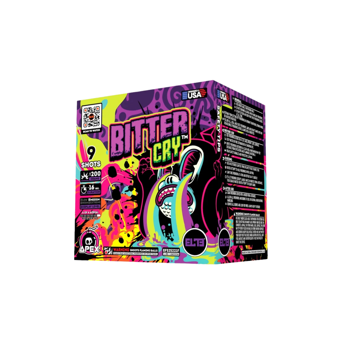 A box of ELTE Bitter Cry fireworks, featuring a vibrant, neon-colored design with a cartoon shark and bold text, shown on a plain white background.
