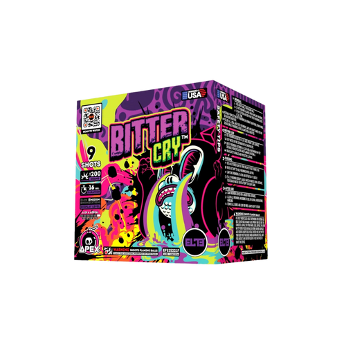A box of ELTE Bitter Cry fireworks, featuring a vibrant, neon-colored design with a cartoon shark and bold text, shown on a plain white background.