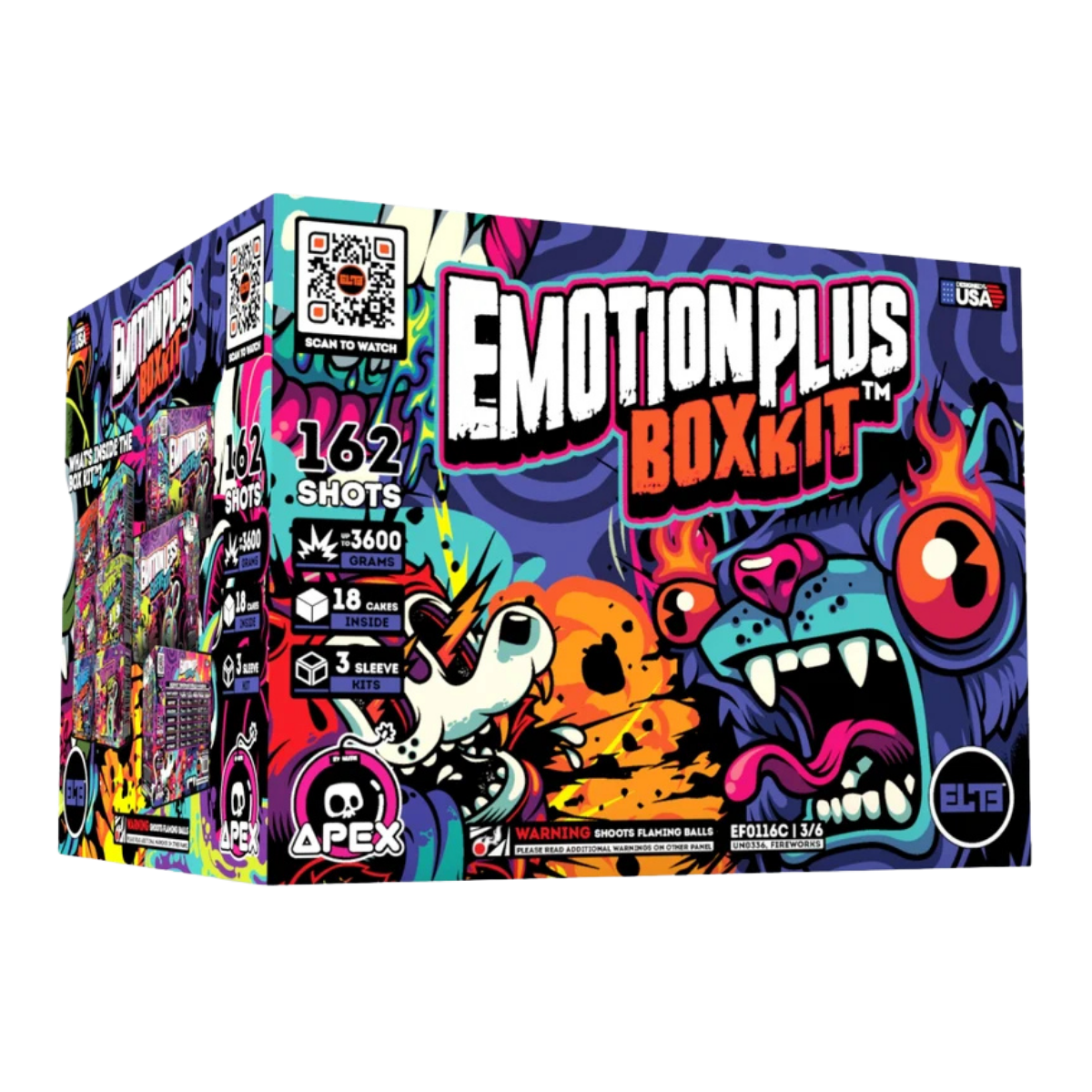 Emotion Plus Box Kit by Apex on a plain white background. The box features vibrant, colorful graffiti-style artwork with cartoon monster faces in blue, orange, pink, and purple, along with bold text indicating 162 shots and 3 levels.
