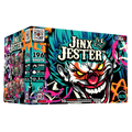 JINX JESTER fireworks box featuring a colorful clown illustration with bright teal, black, white, pink, orange, and yellow graphics. The box shows 'JINX JESTER' prominently, '196 SHOTS', and '32400' on a clean white background.