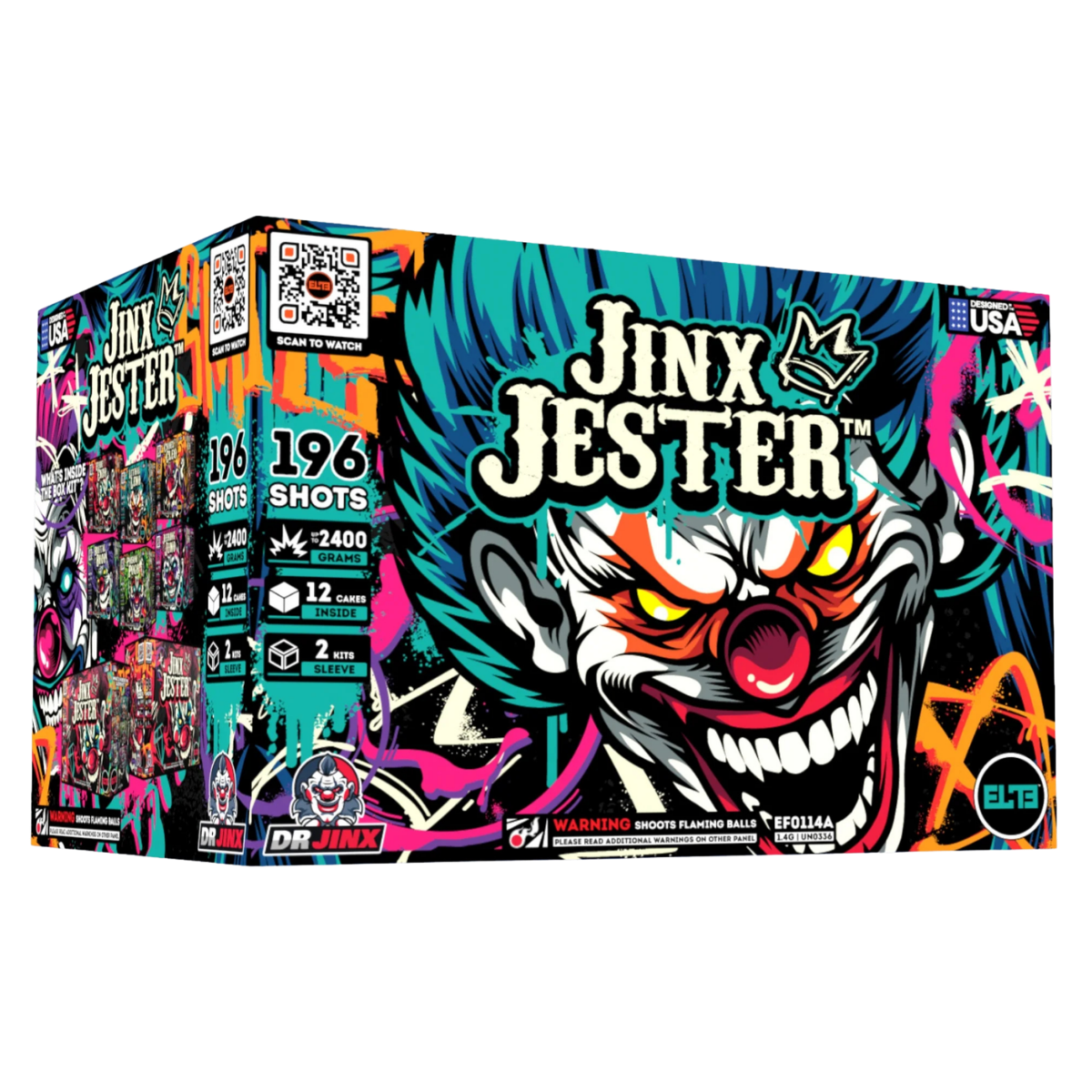 JINX JESTER fireworks box featuring a colorful clown illustration with bright teal, black, white, pink, orange, and yellow graphics. The box shows 'JINX JESTER' prominently, '196 SHOTS', and '32400' on a clean white background.