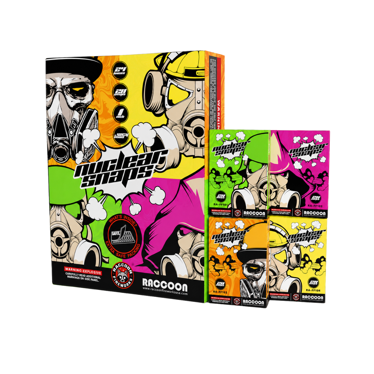 A retail display box and three individual packs of Nuclear Snaps Raccoon brand pepper spray, featuring vibrant graffiti-style illustrations of a raccoon in a gas mask on colorful yellow, green, orange, and pink backgrounds.