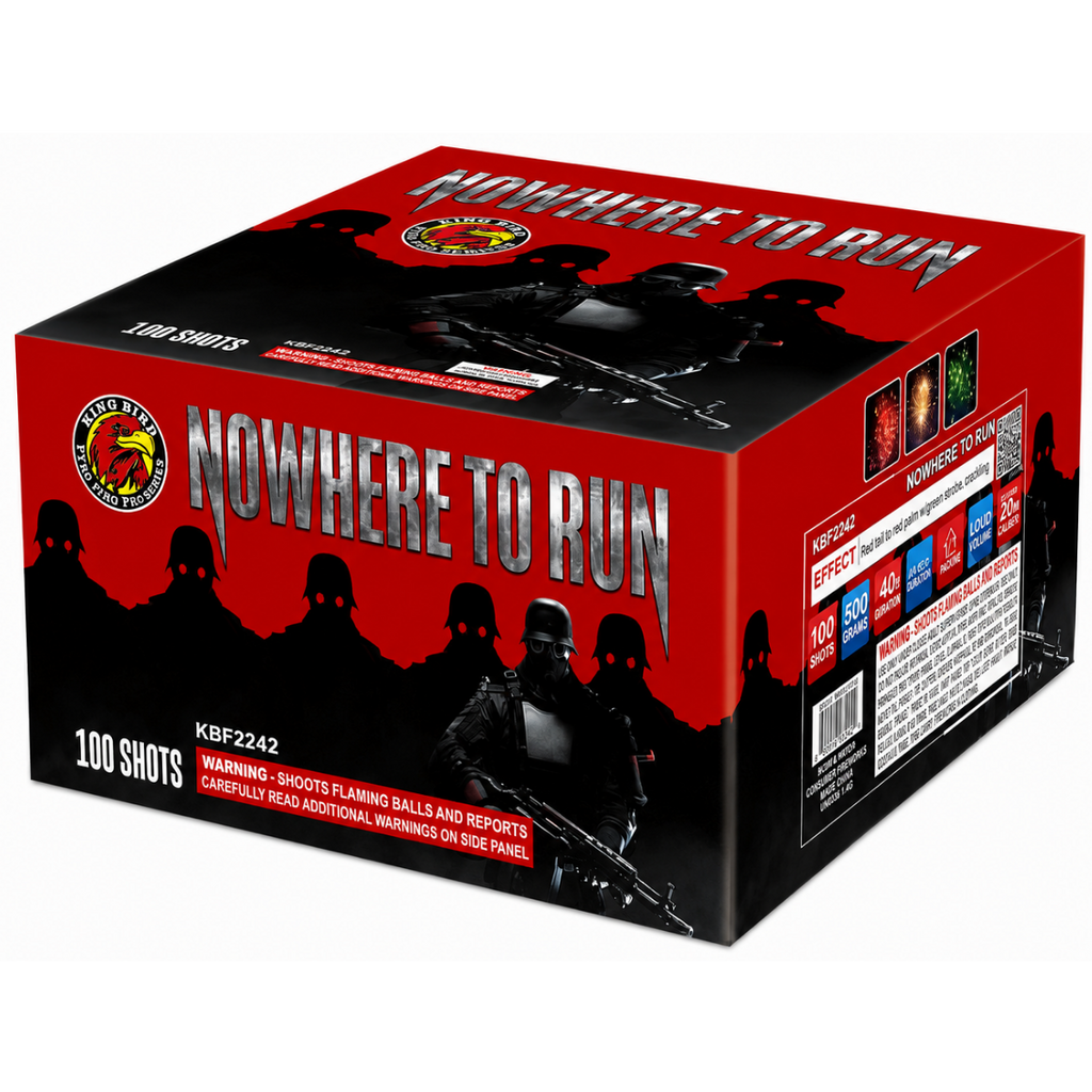 A red and black box of Nowhere To Run 100-round fireworks, featuring soldier silhouettes and the product name in large metallic text, photographed on a white background.