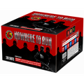 A red and black box of Nowhere To Run 100-round fireworks, featuring soldier silhouettes and the product name in large metallic text, photographed on a white background.