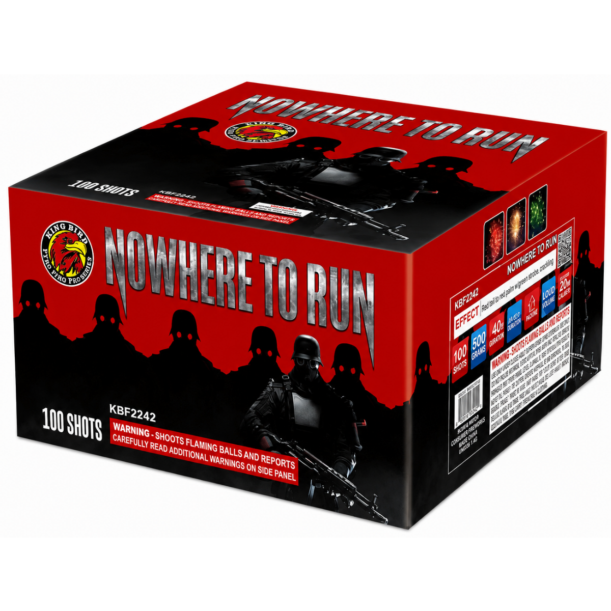 A red and black box of Nowhere To Run 100-round fireworks, featuring soldier silhouettes and the product name in large metallic text, photographed on a white background.
